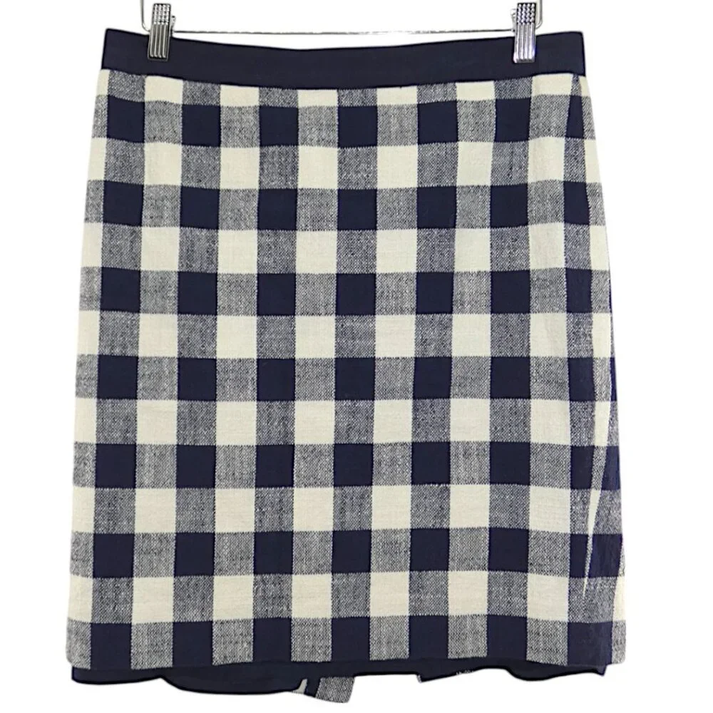 J.Crew Pencil Skirt Check Navy White Linen Blend Coastal Preppy Officecore Sz 8